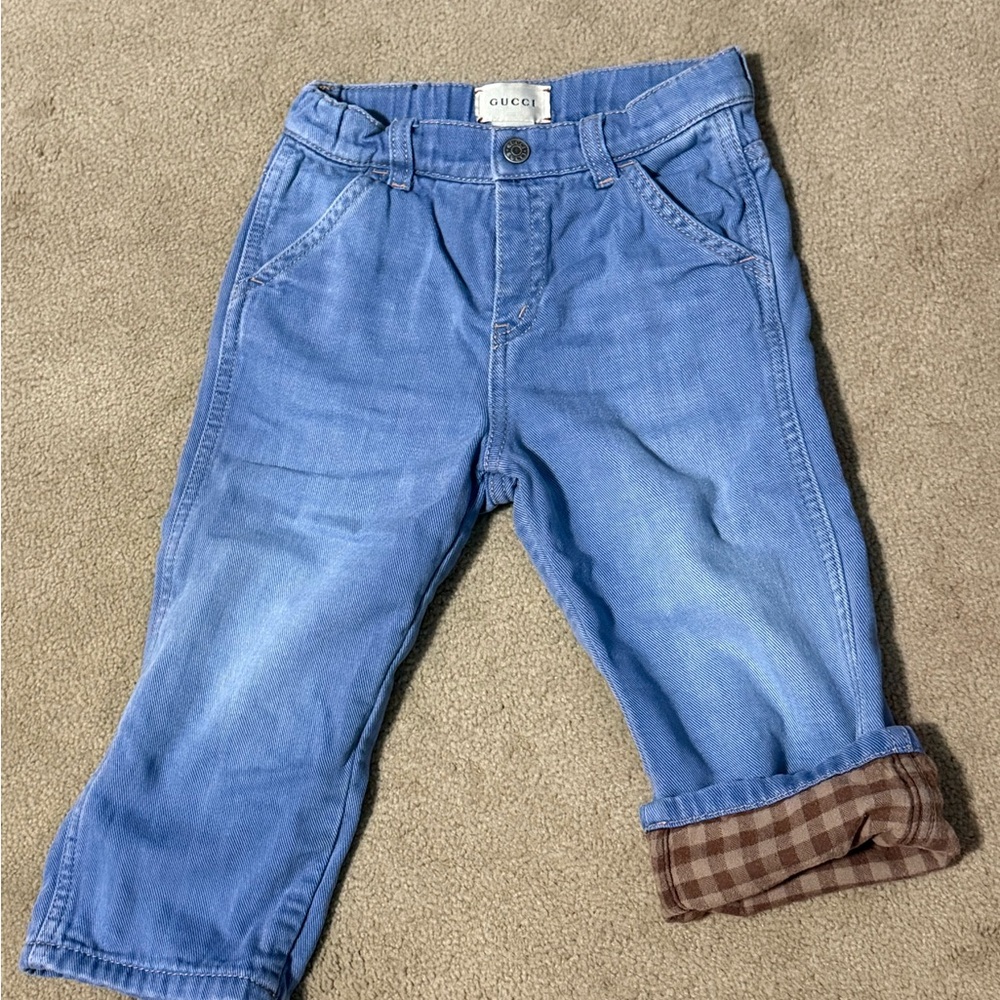 Gucci Blue Relaxed Fit Jeans with Plaid Detail
